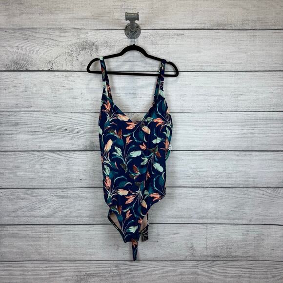 Mynah Plus Size Navy Lush Leaf Printed One Piece Swimsuit Size 24W - Picture 1 of 10